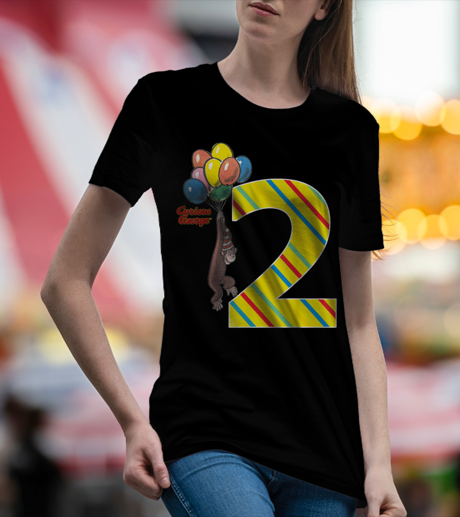 Curious George Holding Balloons Next To Colorful Striped Number 2 For Second Birthday T-Shirt