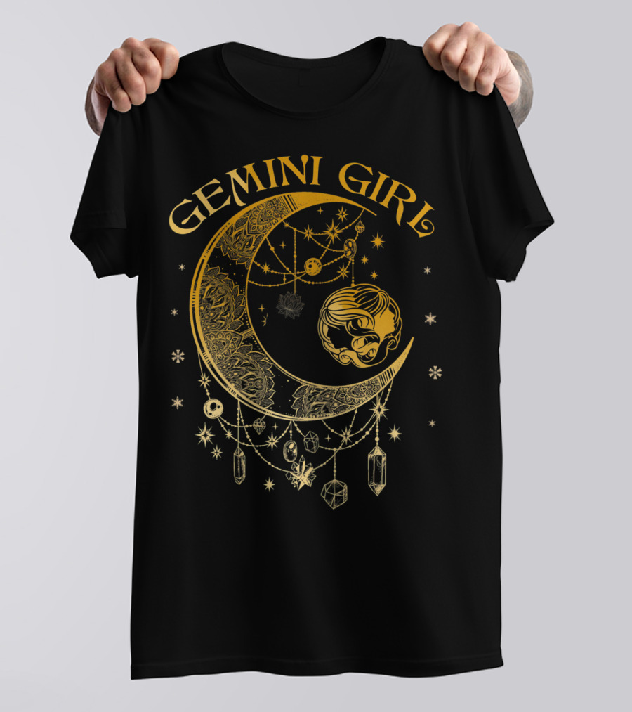 Gemini Girl Zodiac Henna Moon With Crystals And Stars T-Shirt