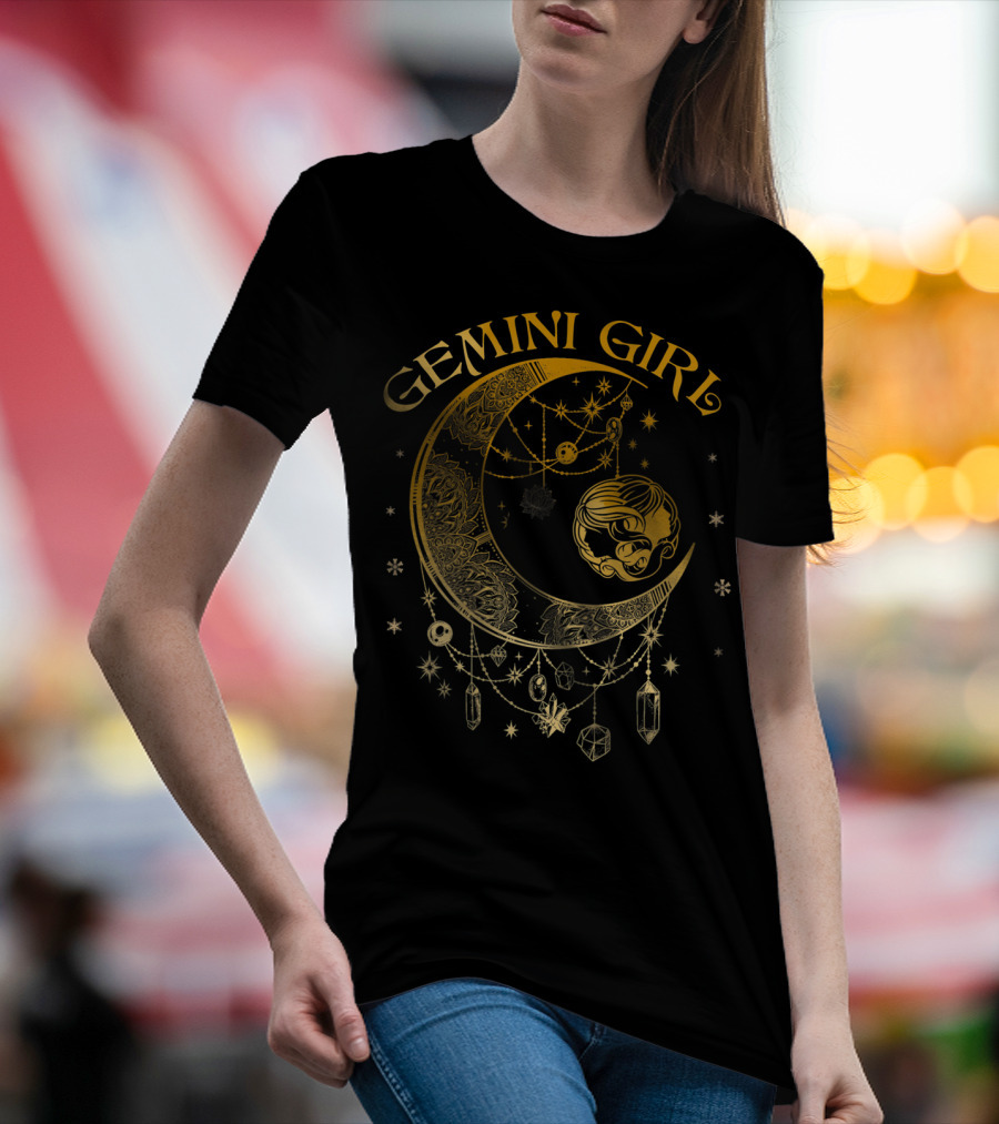 Gemini Girl Zodiac Henna Moon With Crystals And Stars T-Shirt