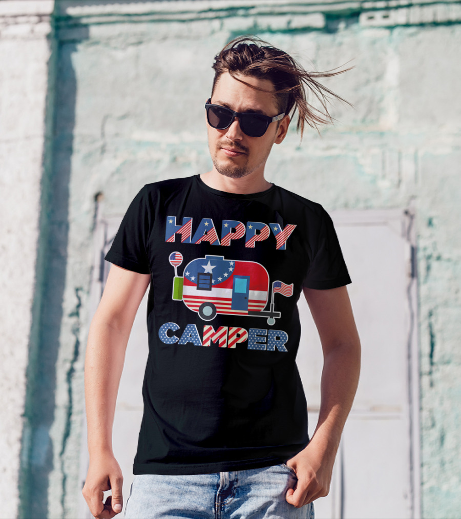 HAPPY CAMPER Patriotic 4th Of July American Flag Camper T-Shirt