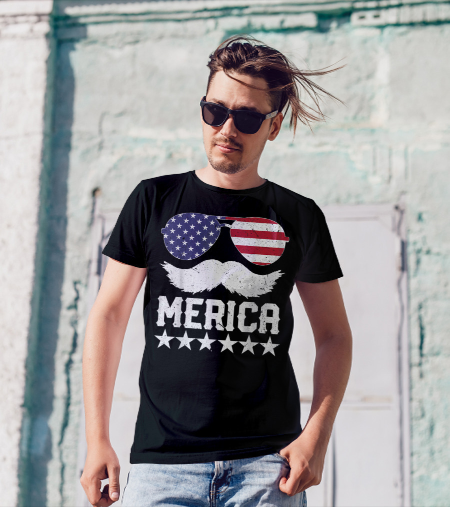 MERICA USA Flag Mustache Sunglasses Stars Independence Day T-Shirt