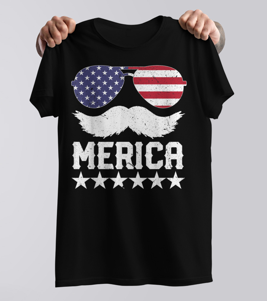 MERICA USA Flag Mustache Sunglasses Stars Independence Day T-Shirt