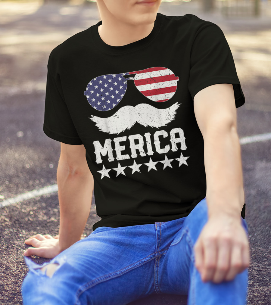 MERICA USA Flag Mustache Sunglasses Stars Independence Day T-Shirt