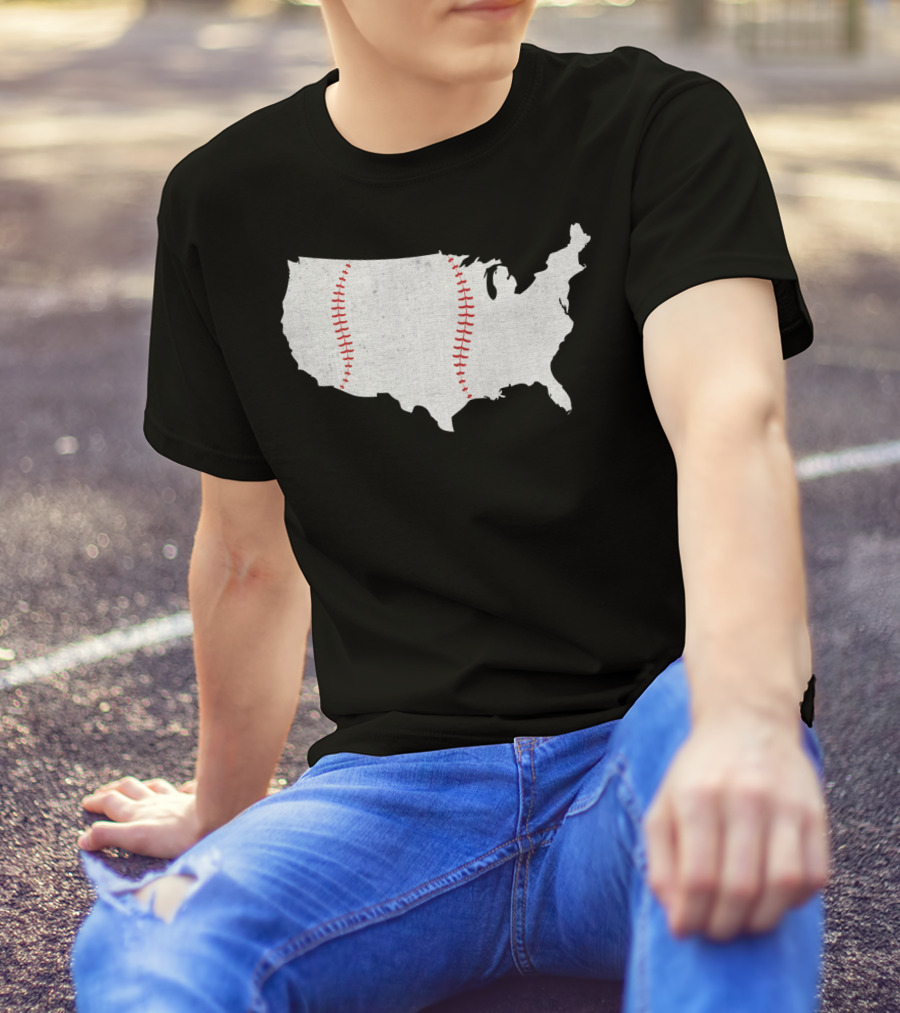 Baseball Is America's Pastime USA Map Stitch T-Shirt