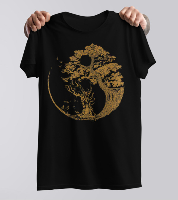 Bonsai Tree And Meditative Buddha Enclosed In Circular T-Shirt