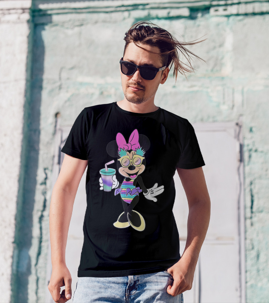 Disney Minnie Mouse Striped Swimsuit With Unicorn Colors And Pineapple Sunglasses T-Shirt