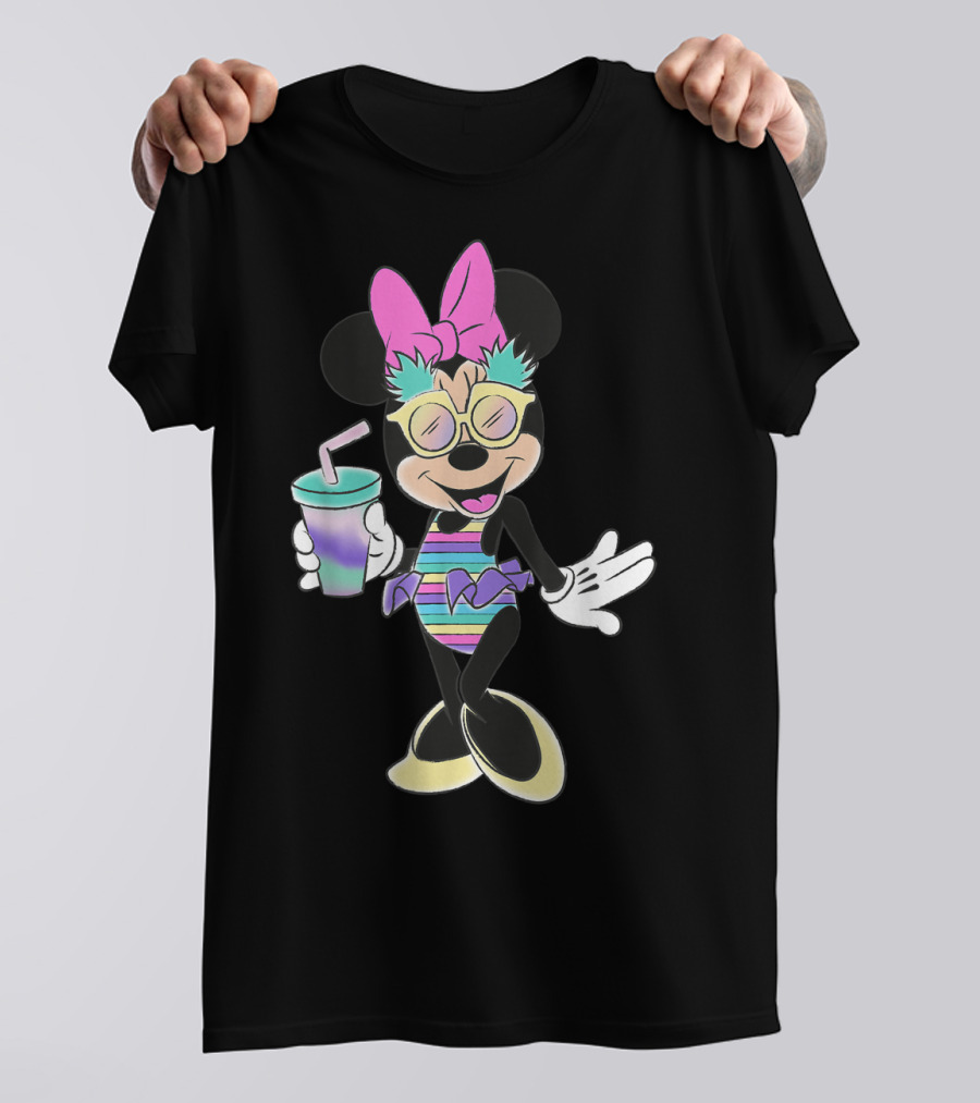 Disney Minnie Mouse Striped Swimsuit With Unicorn Colors And Pineapple Sunglasses T-Shirt