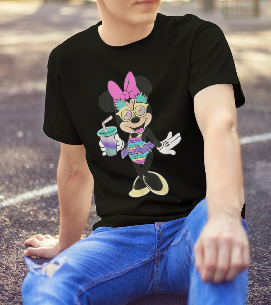 Disney Minnie Mouse Striped Swimsuit With Unicorn Colors And Pineapple Sunglasses T-Shirt