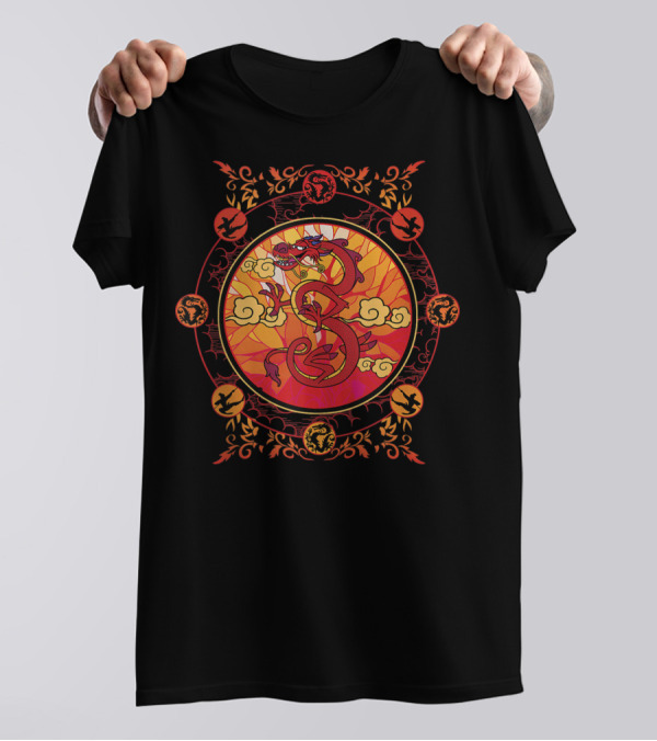 Disney Mulan Mushu Stained Glass Style Circle With Ornate Red And Orange Details T-Shirt