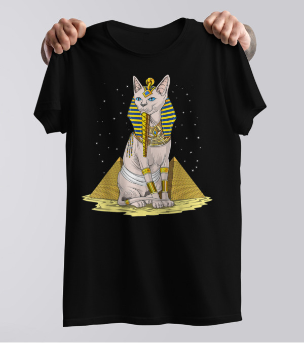 Sphynx Cat Pharaoh Bastet With Egyptian Pyramids Mythology T-Shirt