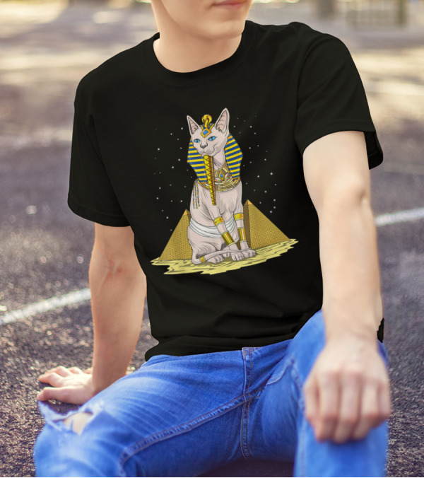 Sphynx Cat Pharaoh Bastet With Egyptian Pyramids Mythology T-Shirt