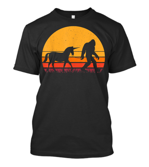 Bigfoot Sasquatch Walking A Unicorn Retro Sunset T-Shirt