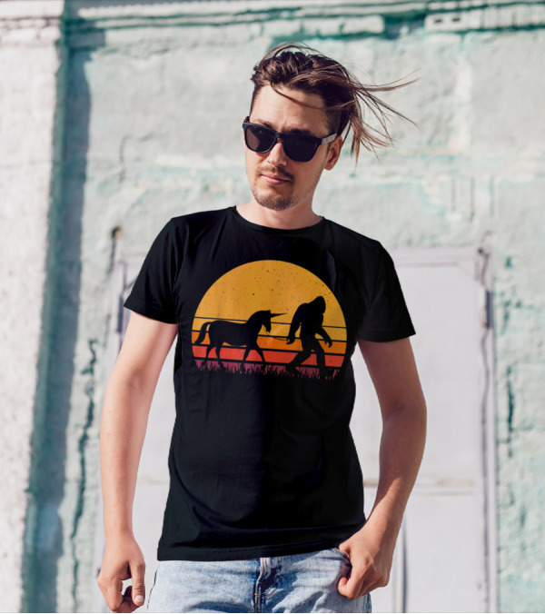 Bigfoot Sasquatch Walking A Unicorn Retro Sunset T-Shirt