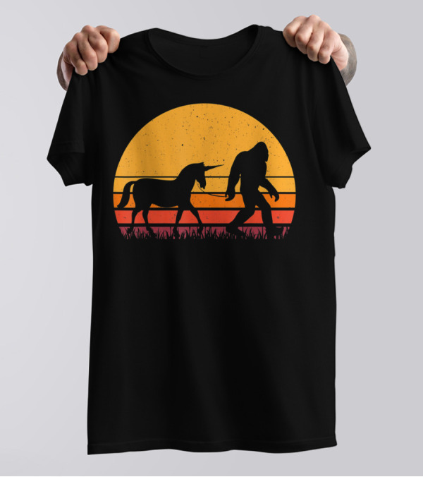 Bigfoot Sasquatch Walking A Unicorn Retro Sunset T-Shirt