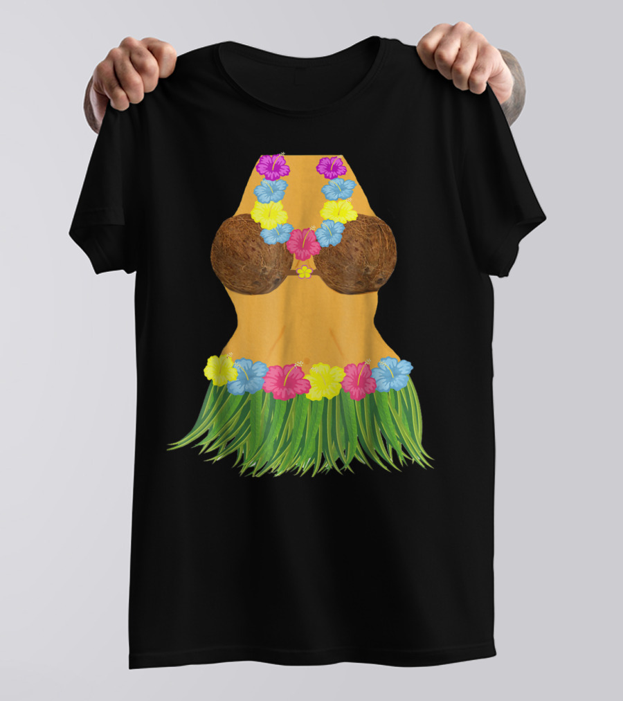 Coconut Bra Grass Skirt Lei Flowers Summer Tropical T-Shirt