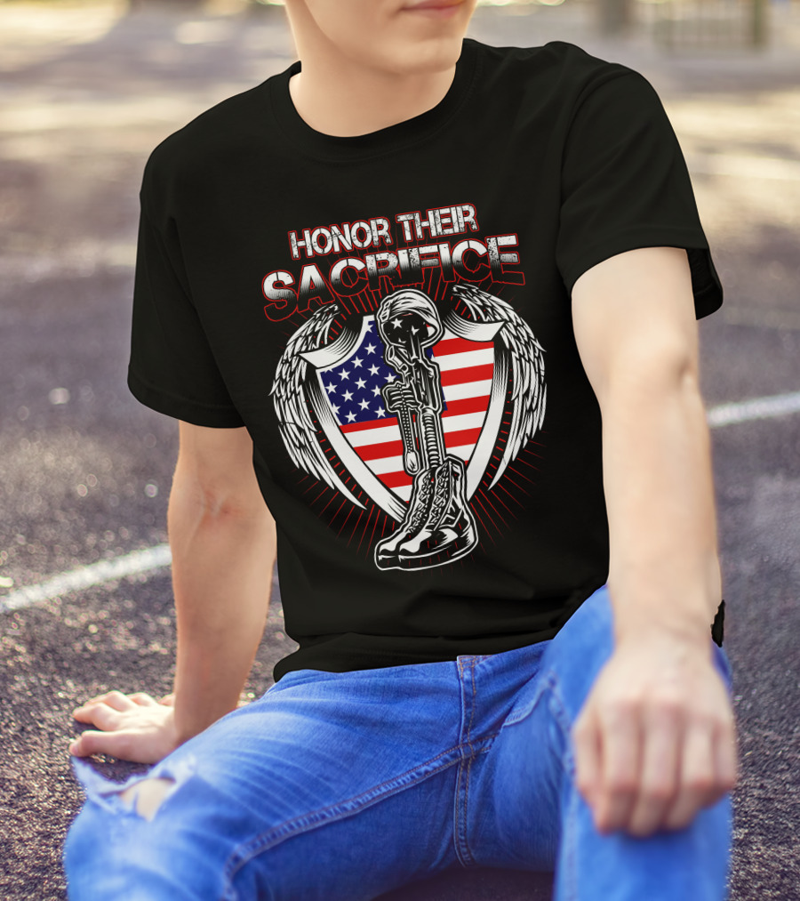 HONOR THEIR SACRIFICE American Flag Winged Soldier Memorial Helmet And Boots T-Shirt