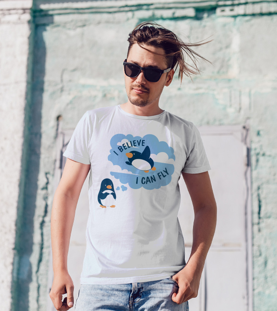 I Believe I Can Fly Penguin Dreaming Clouds T-Shirt