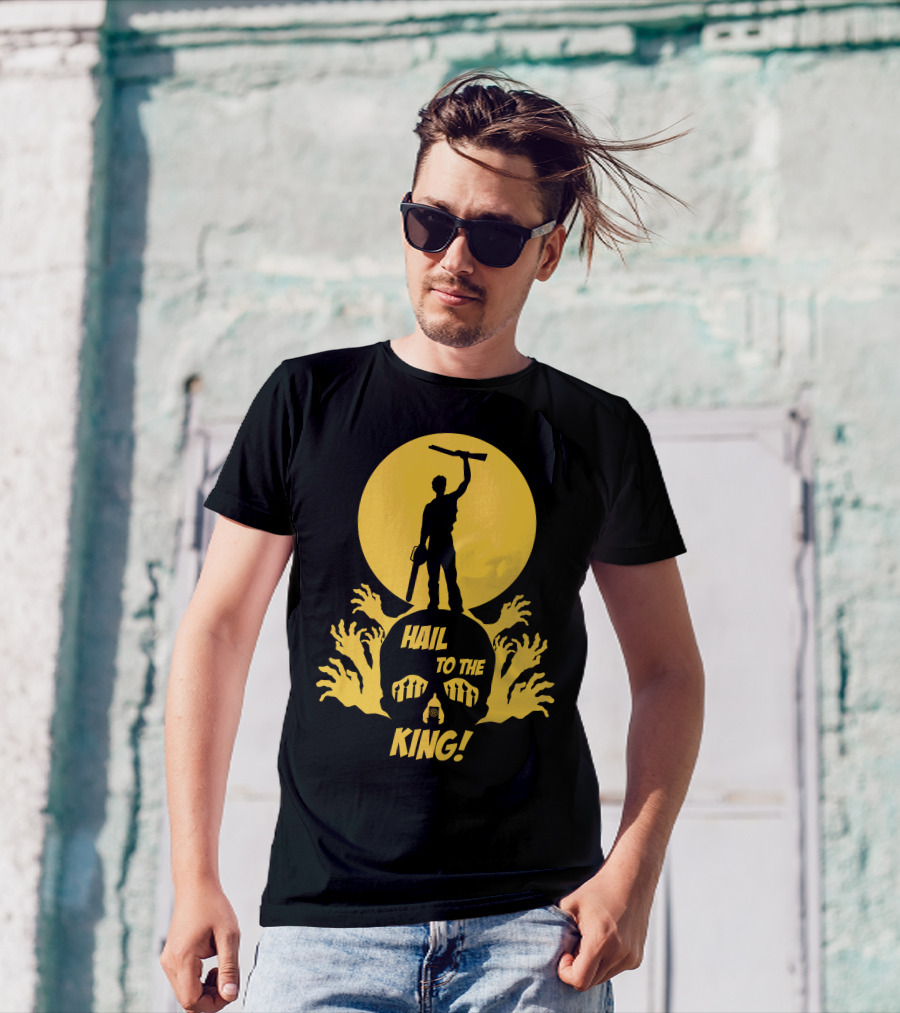 Hail To The King Skeleton Moon Chainsaw Hero With Zombie Hands T-Shirt