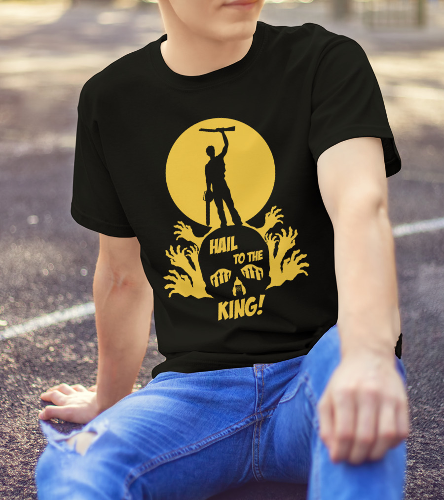 Hail To The King Skeleton Moon Chainsaw Hero With Zombie Hands T-Shirt