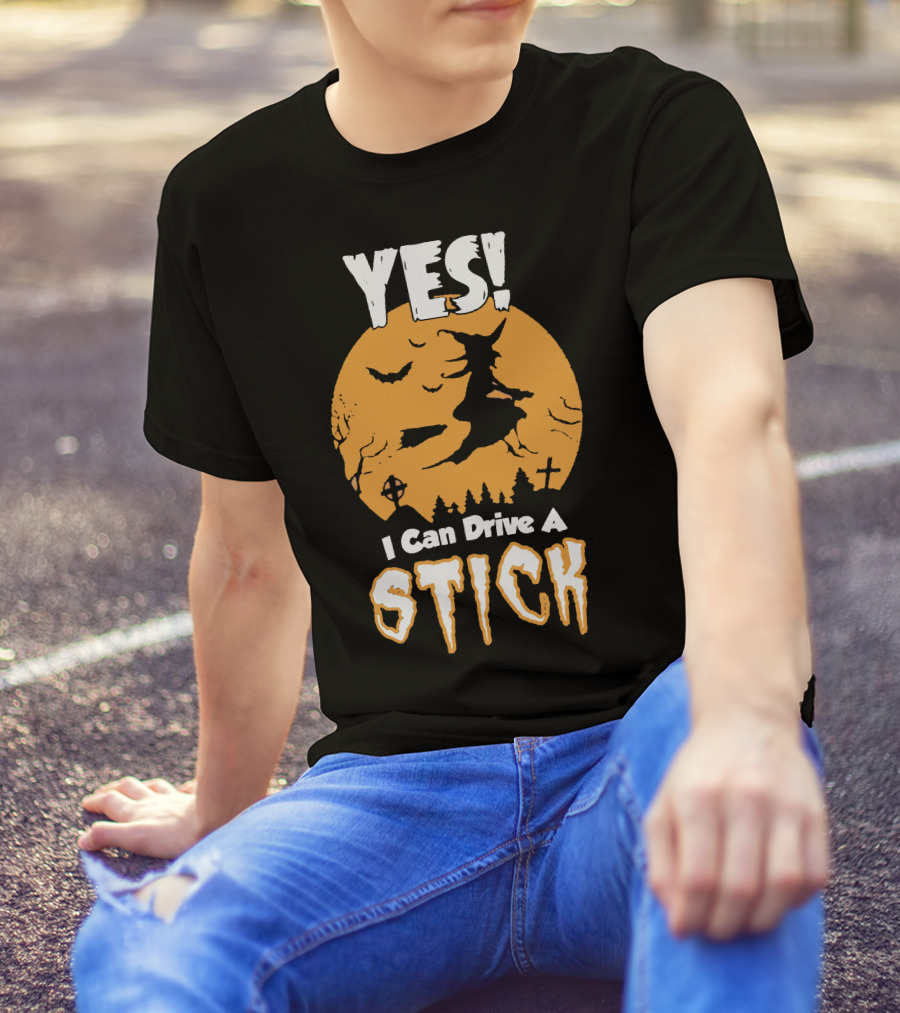 YES I Can Drive A Stick Halloween Witch With Bats And Crosses T-Shirt