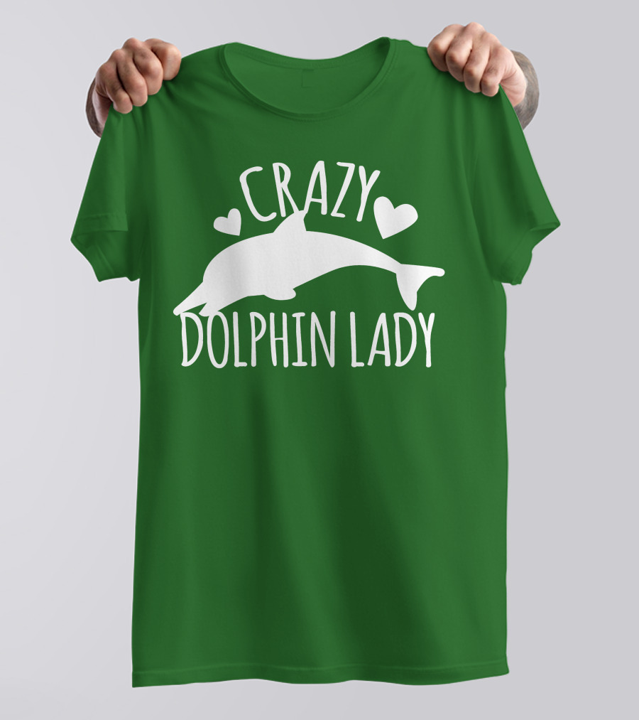 CRAZY DOLPHIN LADY Hearts And Dolphin Silhouette On Green T-Shirt