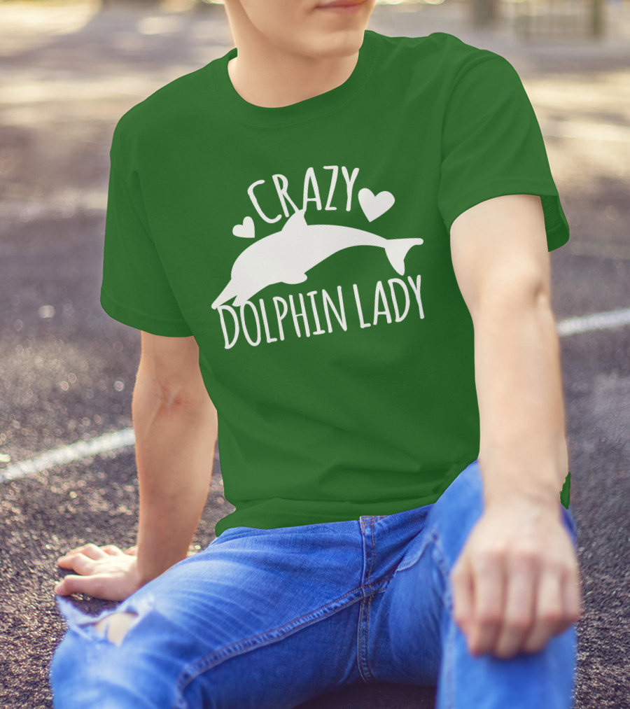 CRAZY DOLPHIN LADY Hearts And Dolphin Silhouette On Green T-Shirt