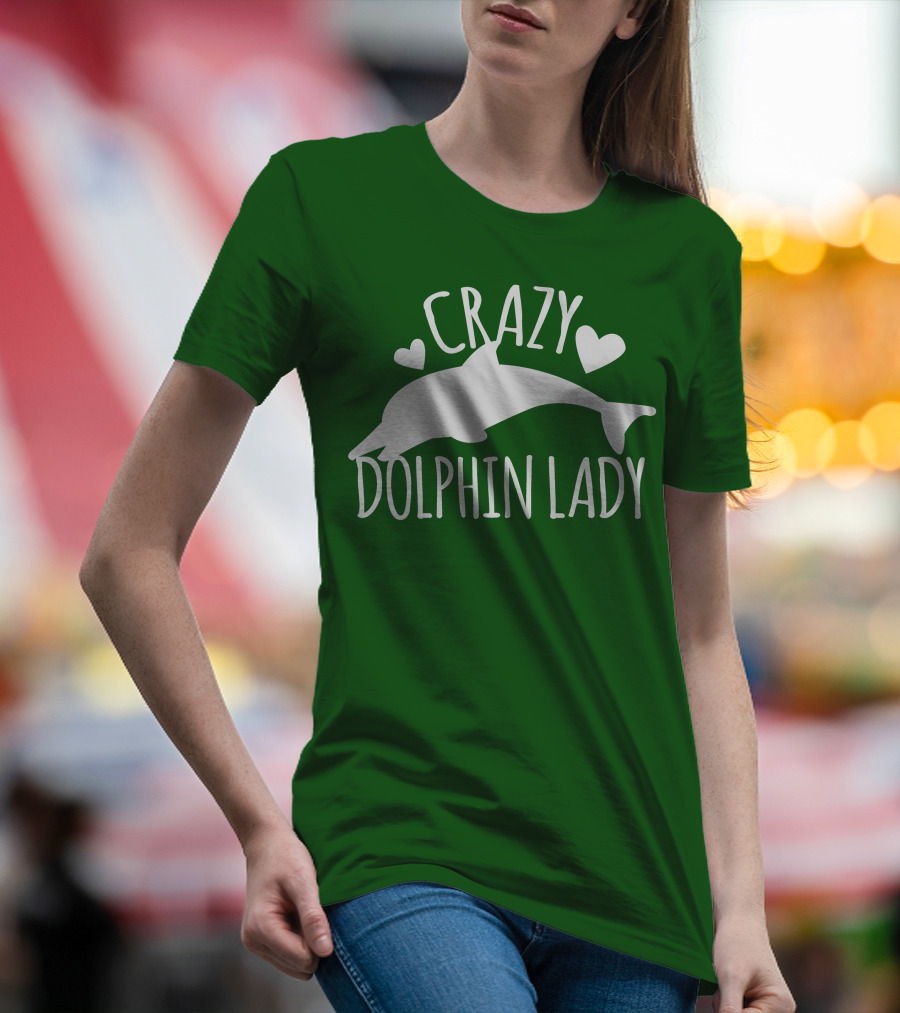 CRAZY DOLPHIN LADY Hearts And Dolphin Silhouette On Green T-Shirt