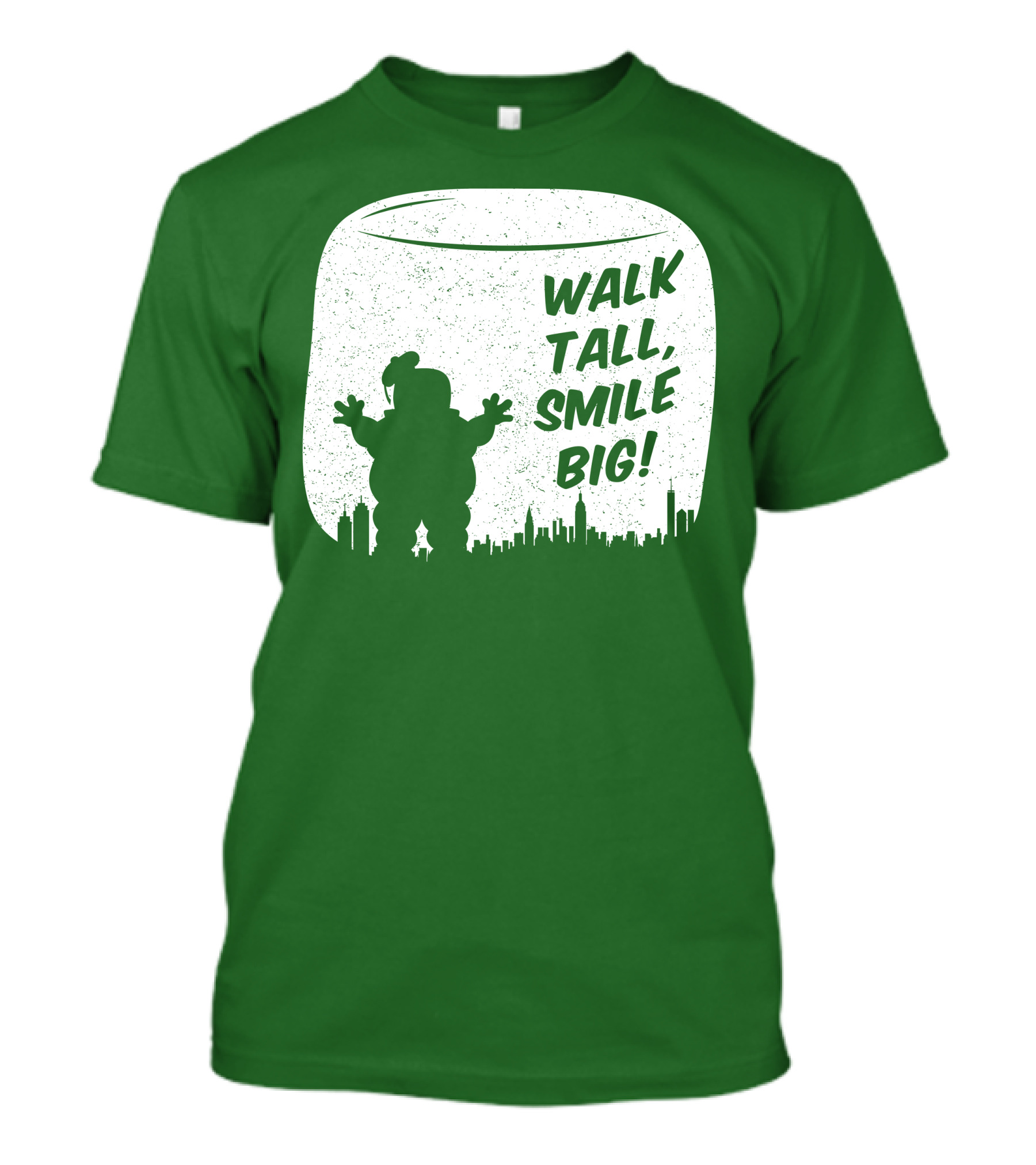 WALK TALL SMILE BIG Stay Puft Marshmallow Man City Skyline T-Shirt