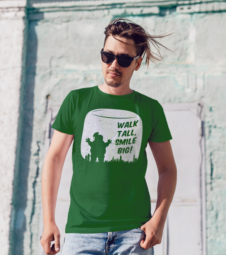 WALK TALL SMILE BIG Stay Puft Marshmallow Man City Skyline T-Shirt