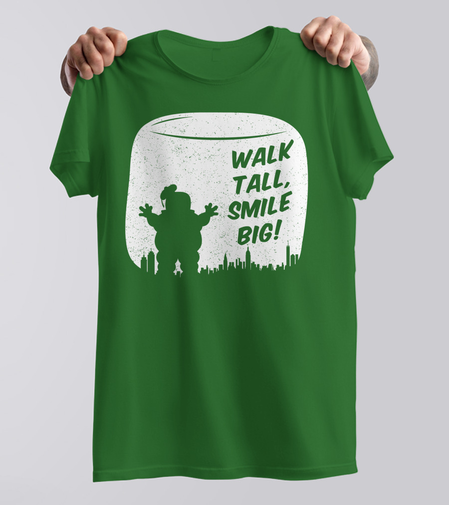 WALK TALL SMILE BIG Stay Puft Marshmallow Man City Skyline T-Shirt