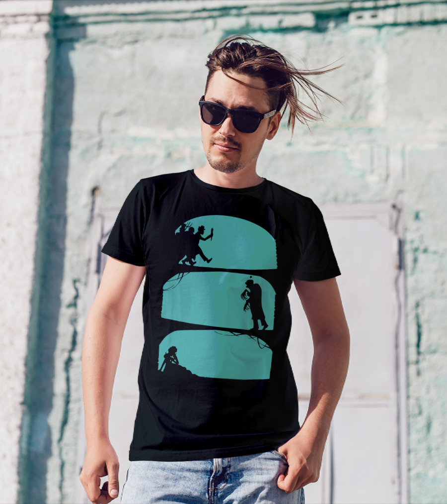 Hunt The Zombie Silhouette Chase With Weapon, Creeping Figure, And Hiding Woman T-Shirt