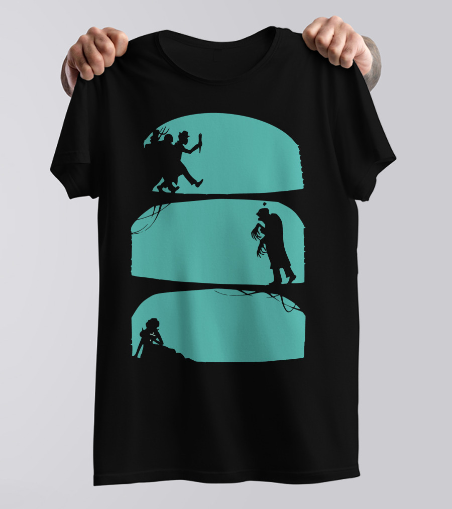 Hunt The Zombie Silhouette Chase With Weapon, Creeping Figure, And Hiding Woman T-Shirt