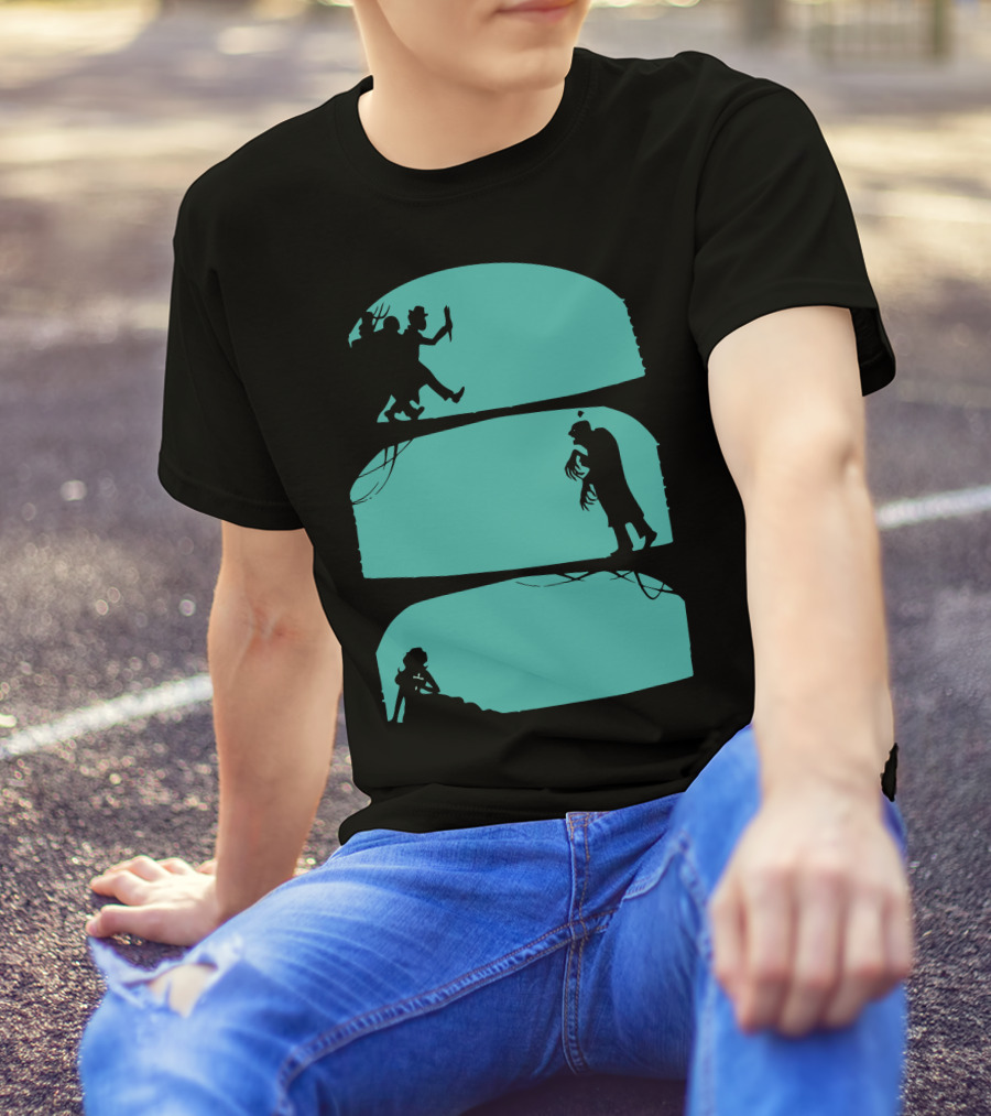 Hunt The Zombie Silhouette Chase With Weapon, Creeping Figure, And Hiding Woman T-Shirt