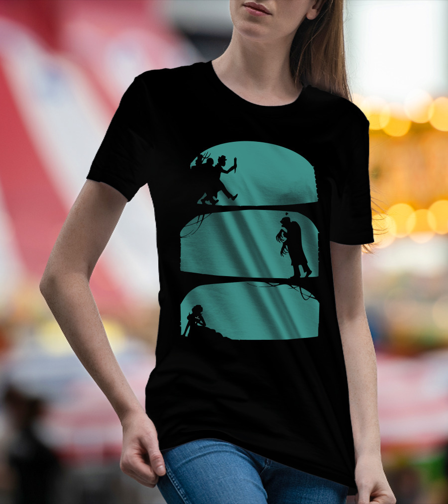 Hunt The Zombie Silhouette Chase With Weapon, Creeping Figure, And Hiding Woman T-Shirt