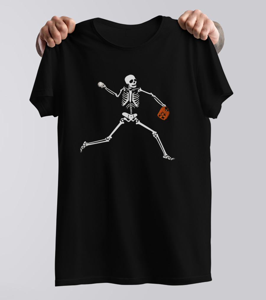 Skeleton Pitcher Halloween Baseball Player With Pumpkin Candy Bag T-Shirt