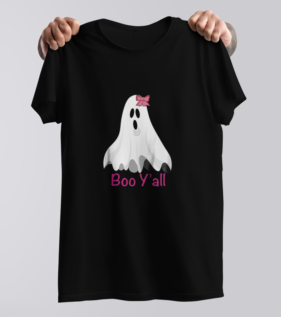 Boo Y'all Halloween Preppy Southern Ghost With Pink Bow T-Shirt
