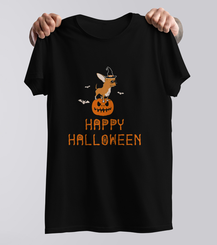 Chihuahua Dog On Pumpkin With Witch Hat And Bats Happy Halloween T-Shirt
