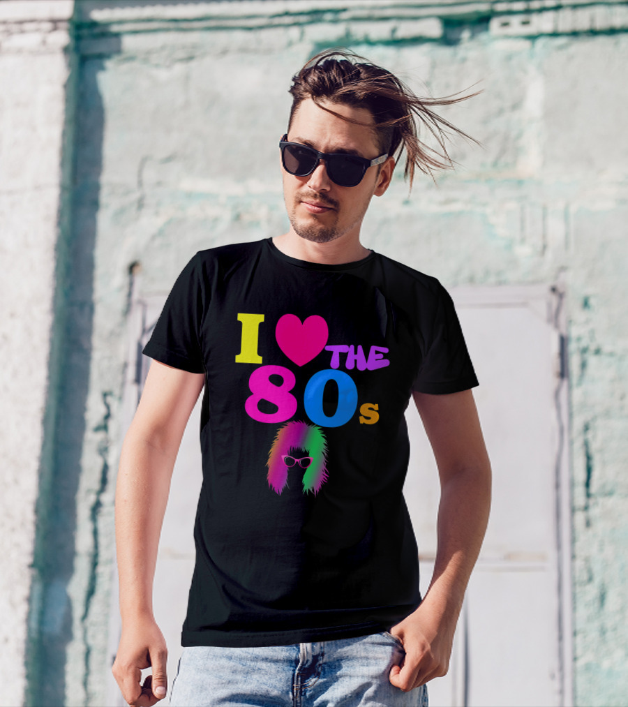I Love The 80s Neon Heart With Punk Rocker Hair And Sunglasses T-Shirt