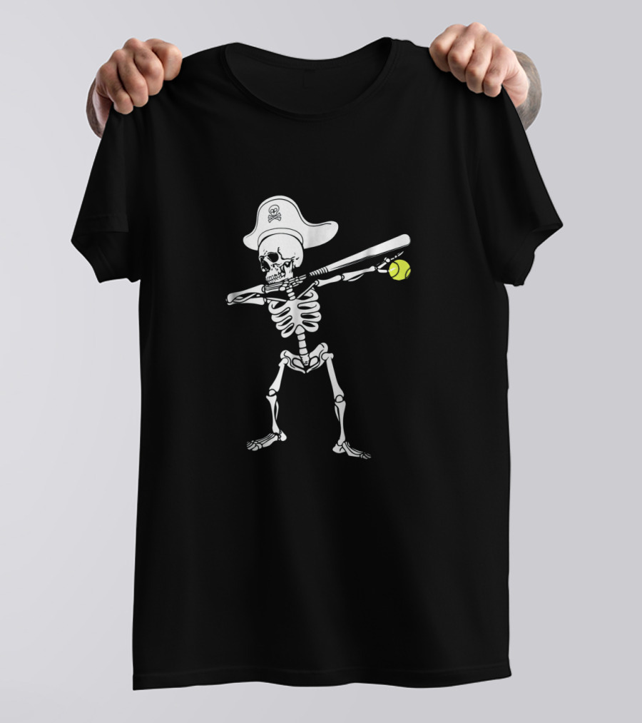 Dabbing Skeleton Holding Softball And Bat With Pirate Hat T-Shirt