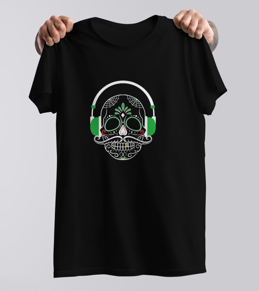 Flowery Skull With DJ Headphones Halloween 41r Dia De Los Muertos T-Shirt