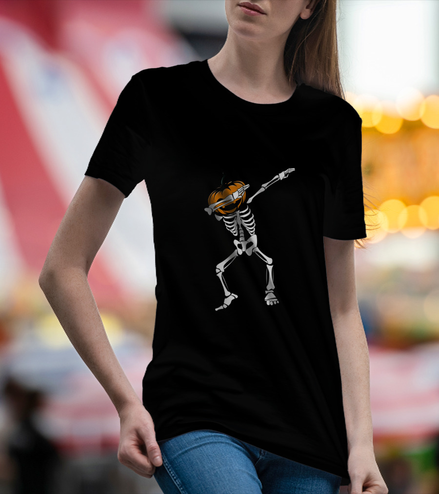 Funny Halloween Dabbing Skeleton With Pumpkin Head Dab T-Shirt