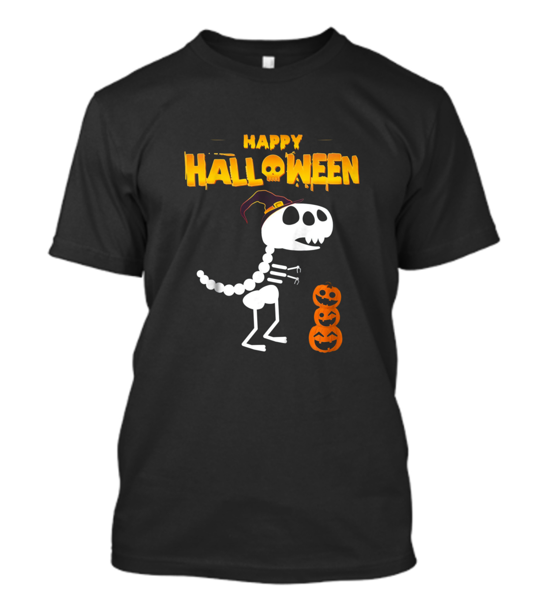 Happy Halloween Skeleton Dinosaur With Pumpkin Stack T-Shirt