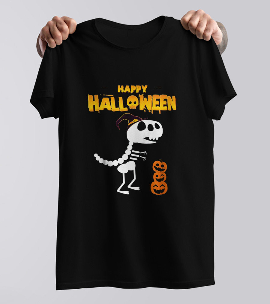 Happy Halloween Skeleton Dinosaur With Pumpkin Stack T-Shirt