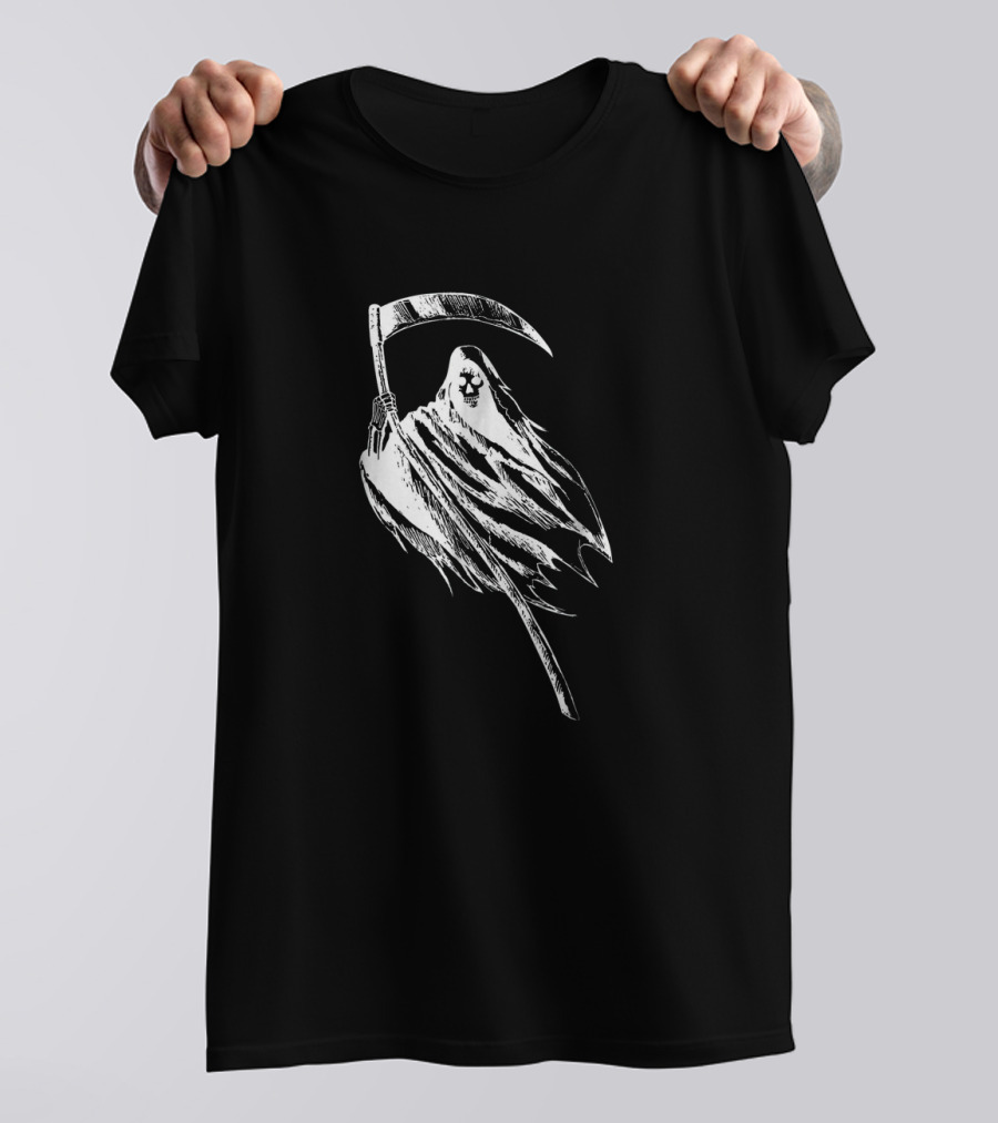 Grim Reaper Holding Scythe With Skull-Faced Cloak T-Shirt