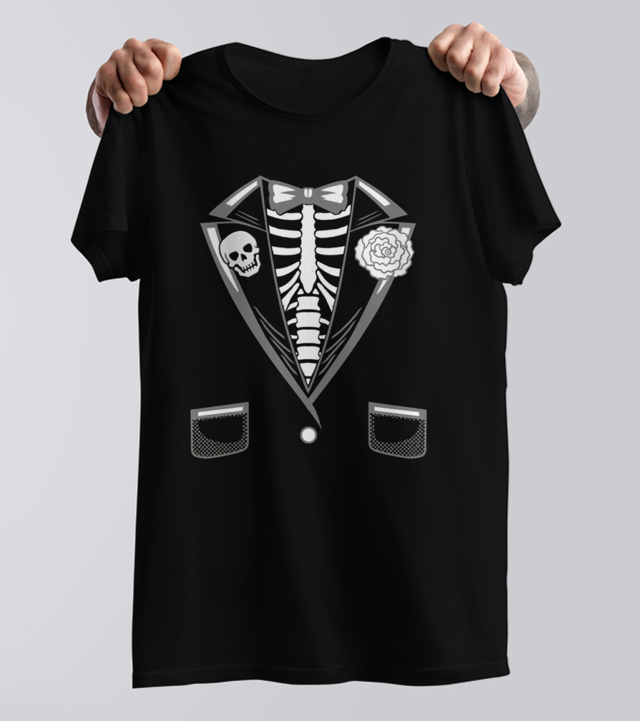 Halloween Costume Funny Skeleton Tuxedo With Skull And Flower Lapel T-Shirt