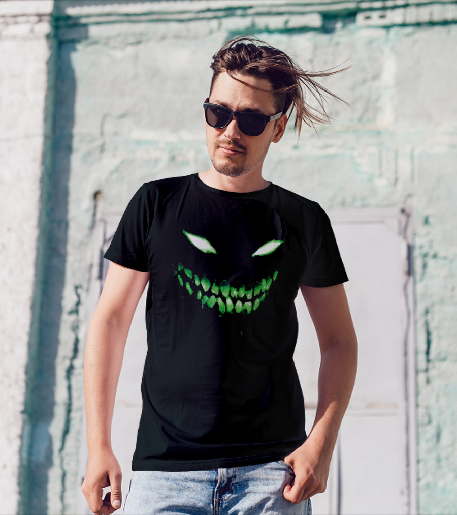 Halloween Dark Green Scary Face Glowing Eyes And Teeth T-Shirt
