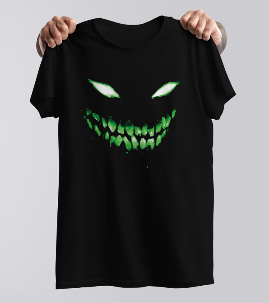 Halloween Dark Green Scary Face Glowing Eyes And Teeth T-Shirt