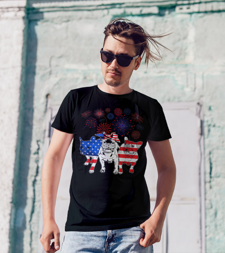 Frenchie American Flag Fireworks 4th Of July T-Shirt
