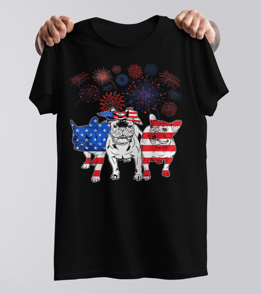 Frenchie American Flag Fireworks 4th Of July T-Shirt