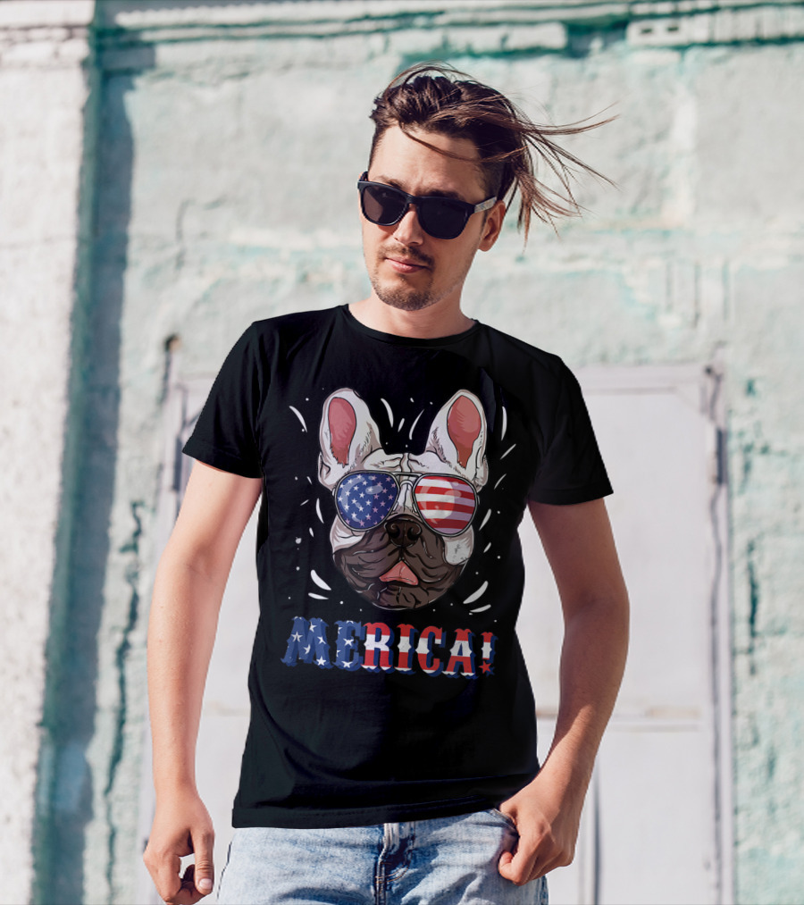 Frenchie Merica Patriotic Glasses USA T-Shirt